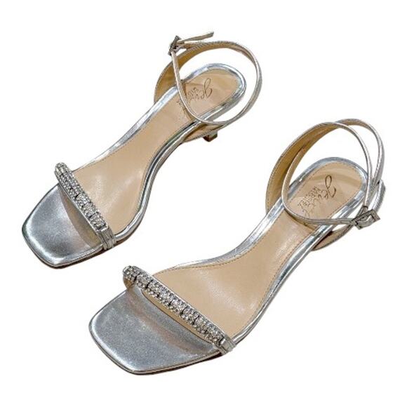 Jewel Badgley Mischka 8 Charisma Kitten Heel Ankle Strap Sandal Silver Crystal - Picture 6 of 11